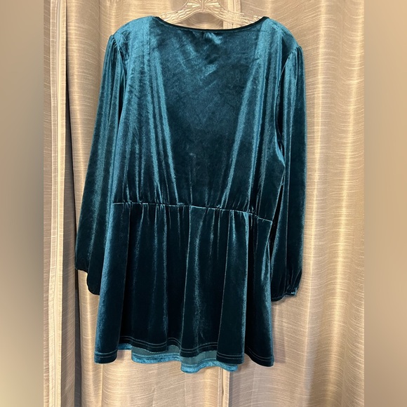 BloomChic Rich Teal Velvet Ruched Boho Babydoll top Classy Blouse - Picture 2 of 4